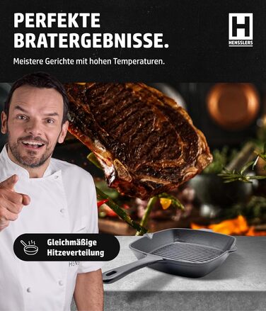 Сковорода-гриль HENSSELERS® з чавуну [26 см] для всіх типів плит та духовок, включаючи газові та індукційні плити. Антипригарна сковорода для стейків. Чотирикутна чавунна сковорода для гриля