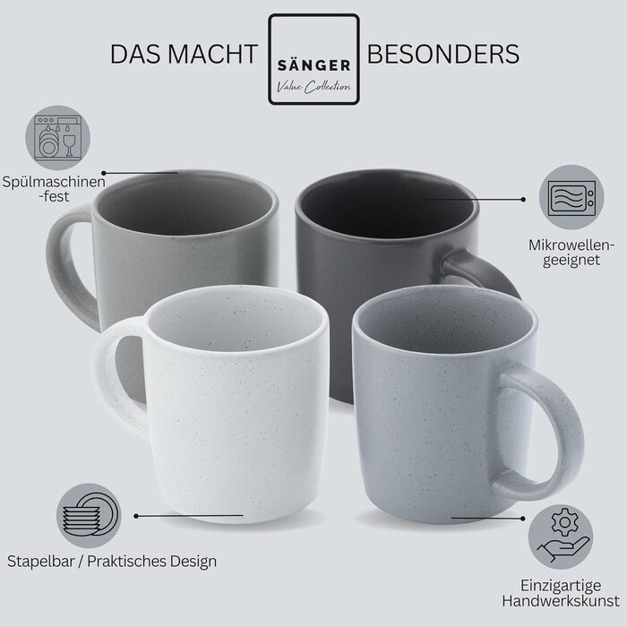 Набір чашок SÄNGER VALUE COLLECTION: 6 чашок з кераміки, 380 мл, блакитно-сірий колір, для кави та чаю, придатні для миття в посудомийній машині та використання в мікрохвильовці