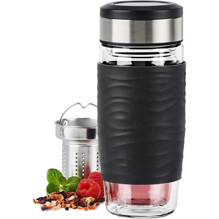 Чайний горнятко Emsa N20805 Teebecher з подвійними стінками, 0.4 л, знімний фільтр, BPA-Free, герметичне, для миття в посудомийній машині, 360° відкривання (Чорний)