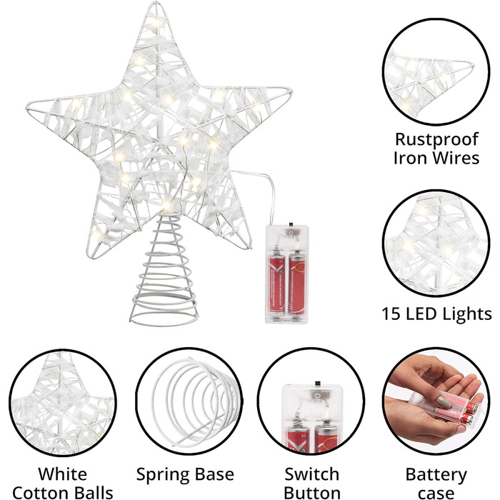 Ялинкова іграшка BV - (24x22см) біла - 3D металева зірка зі снігом, з підсвічуванням - Ялинкова прикраса з 18 світлодіодними лампочками (без батарейок)