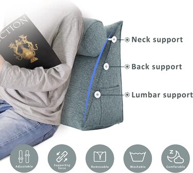 Подушка для спини, трикутна подушка для тіла, підголовник, подушка для ліжка, спинка для дивана, велика подушка для тіла, 60 см (сірий)