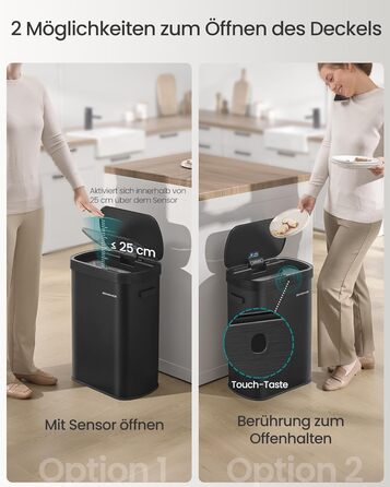 SONGMICS Сміттєве відро з сенсором, автоматичне, 50 л, відкриття рухом руки/дотиком, Softclose-кришка, сталь, 15 мішків, чорний LTB640B02