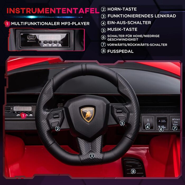 Електромобіль Lamborghini SIAN HOMCOM 12V для дітей, з пультом, музикою (MP3/USB), світлом, металевий, червоний, 108x62x40 см, для дітей 37-60 місяців