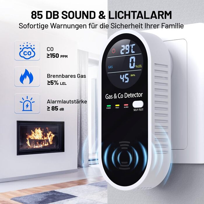 Датчик газу та CO з акустичним сигналом YOJOCK 4-в-1, вимірювач CO, датчик температури та вологості, газовий сповіщувач, самотестування, для дому та офісу, білий