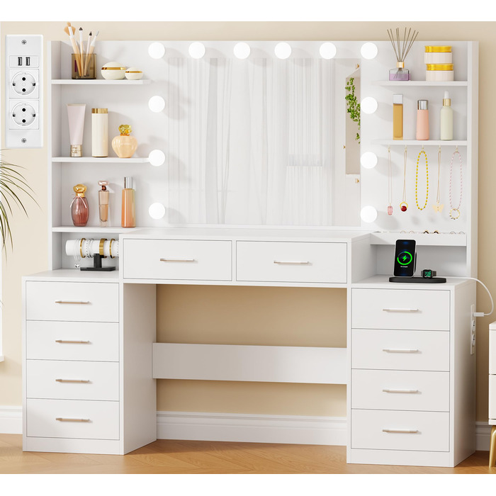 Трюмо BEWISHOME з дзеркалом, регульованою LED-підсвіткою та розетками, 10 шухлядами, 5 полицями, гачками та органайзером для прикрас, сучасний дизайн, білий колір, EFST52W
