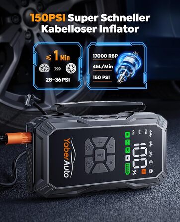 Портативний пусковий пристрій YaberAuto з компресором, 150 PSI, 6000A, 23800mAh, Jump Starter для бензинових та 10.0L дизельних двигунів з LCD-дисплеєм та світлодіодом 500 люмен