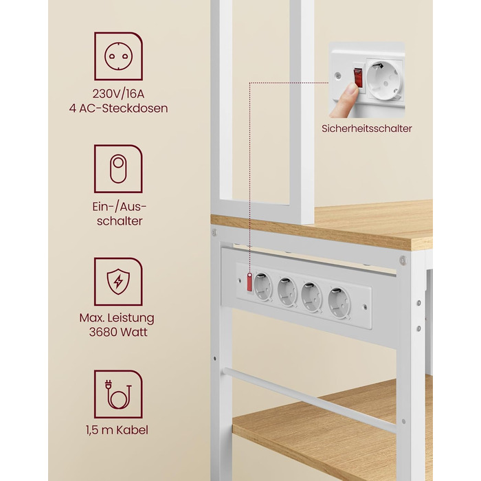 Стелаж кухонний VASAGLE з розетками, 40 x 100 x 180,4 см, 12 гачків, антрацит-чорний, KKS027B02