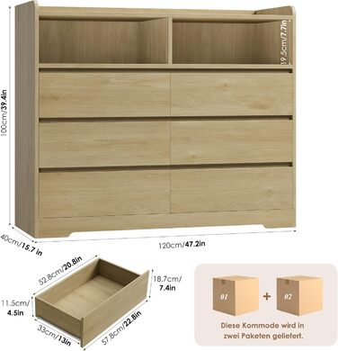 Комод FOREHILL з 6 висувними ящиками, 120 см, колір дуб - комод-тумба для спальні, вітальні, передпокою, 120x40x100 см