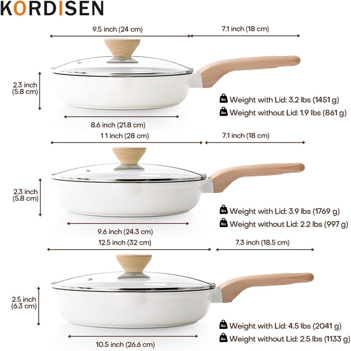 Набір сковорідок Kordisen з антипригарним керамічним покриттям (20/24/28 см), 3 шт. Підходить для індукційних плит, здорове та безпечне кухонне приладдя, стійкий до нагріву, без PFAS та PFOA.