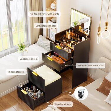 Трюмо Lvifur з LED-дзеркалом та 3 шухлядами, кутовий, для спальні, квартири, гуртожитку, білий (чорний)