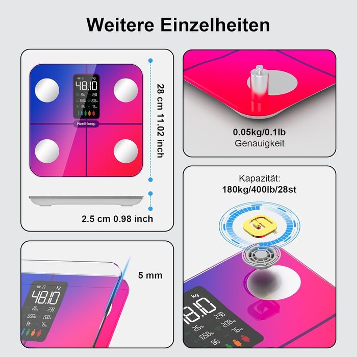 Шкала жиру в організмі Ваги для ванної кімнати, цифрові, 15 даних про тіло, розумний додаток, великий дисплей (280 Rainbow)