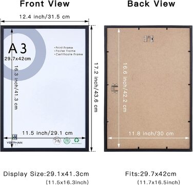 Чорна рамка для фотографій - рамка з цільного дерева з перспексом спереду для настінного монтажу, рамка для фотографій 29,7 x 42 см / рамка для малювання / Posterra, 3