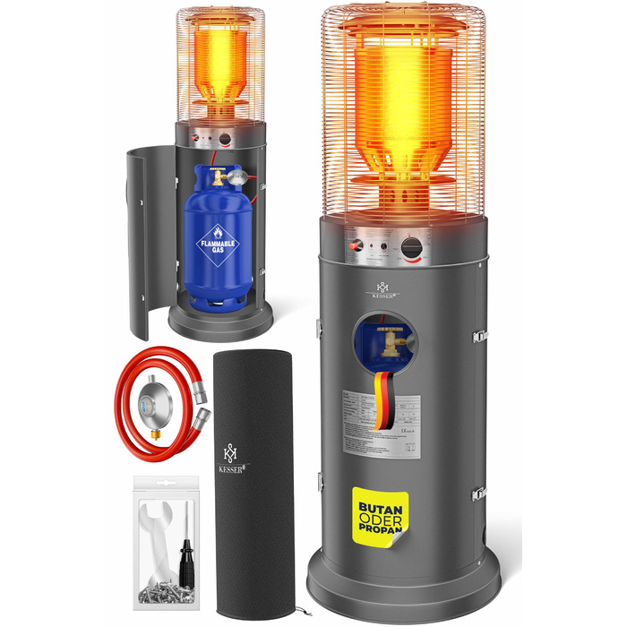 Газовий обігрівач KESSER® KE12 - Тепло для тераси. Потужність 10 кВт, з захисним чохлом, антрацит (Газовий балон не входить у комплект)