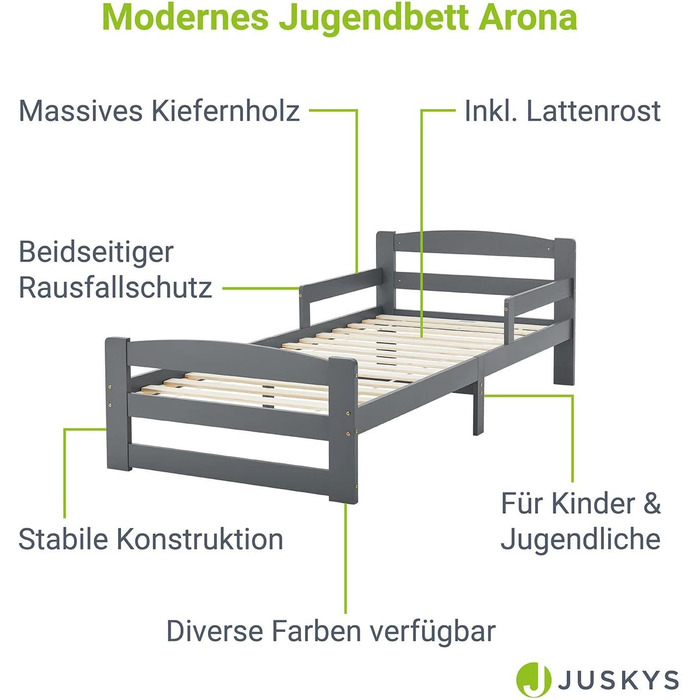 Молодіжне ліжко Juskys Arona 90х200 см з рейковою основою - Каркас ліжка з масиву дерева в - Односпальне ліжко із захистом від випадання - Місце для зберігання під ліжком (сірий)