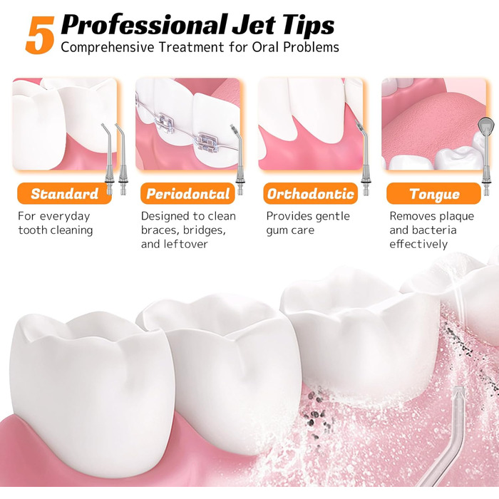 Бездротова електрична ірригатор для порожнини рота FlossJet з 4 режимами, 5 насадками, об'єм 300 мл, USB-C, чорний