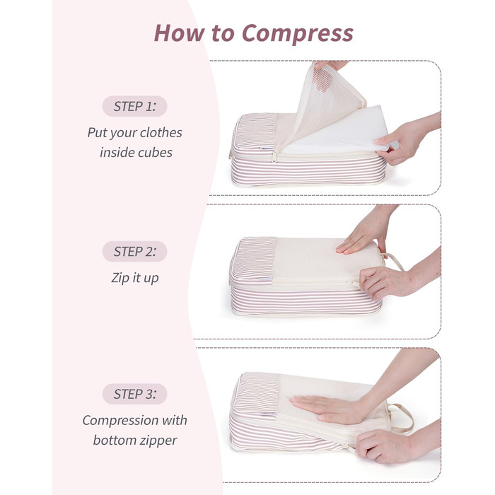 Набір органайзерів для валізи та рюкзака Narwey, 6 шт, компресійні пакувальні куби для подорожей (Рожеві смужки)