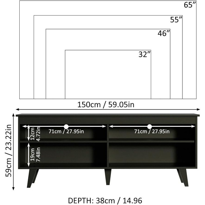 Тумба під телевізор Madesa, тумба під телевізор до 65 дюймів, для вітальні та спальні, 150 х 38 х 58 см, з дерева чорний