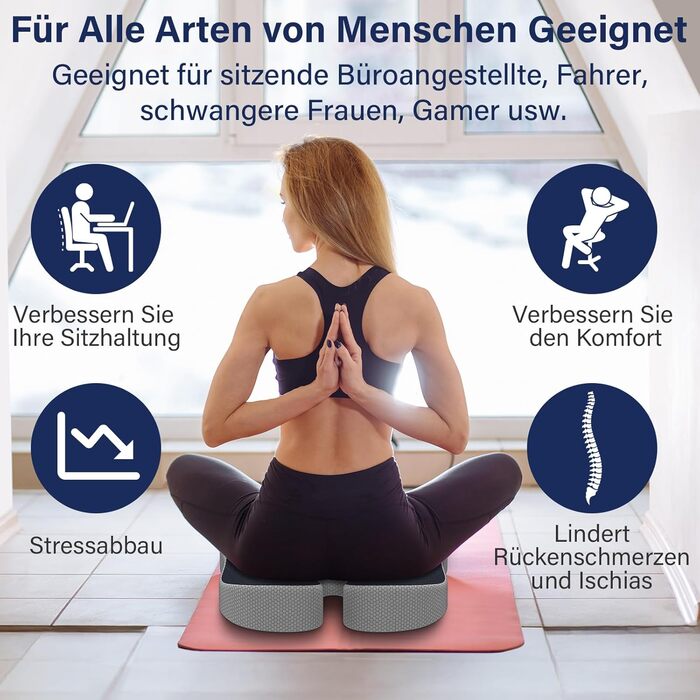 Ортопедична подушка для сидіння: комфортна підтримка спини та куприту для офісного крісла, авто та дому. Темно-сірий колір.