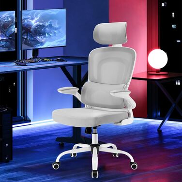 Ергономічне крісло Farini для офісу та дому: регульоване, з підголівником, сіро-біле. Ідеально для роботи за комп'ютером та в home office.