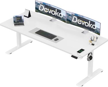 Регульований стіл Devoko з USB-роз'ємом: електричний, для роботи, стоячи/сидячи, 180x80 см, білий
