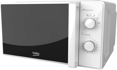 Мікрохвильова піч Beko MOC20100WFB Solo 20 літрів, 700 Вт, таймер 30 хв, 5 рівнів, функції розморожування та розігріву, регулювання поворотною ручкою, індикатор завершення, поворотний стіл діаметром 24,5 см, білий