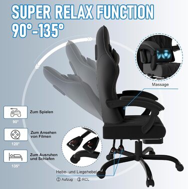 Ігровий крісло JUMMICO з тканини та підлокітниками з піною, ергономічний офісний крісло з масажером. Крісло має підголівник, підставку для ніг, регулювання висоти. Максимальне навантаження: 150 кг, чорний колір