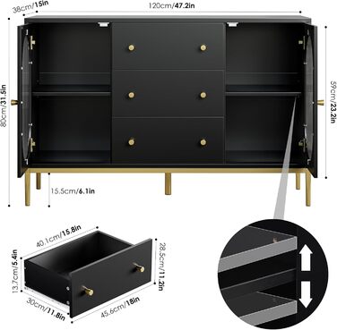 Буфет-комод FirFurd 120 см білий/чорний з робочою поверхнею та 3 ящиками | Кухонний буфет для кухні, вітальні, їдальні