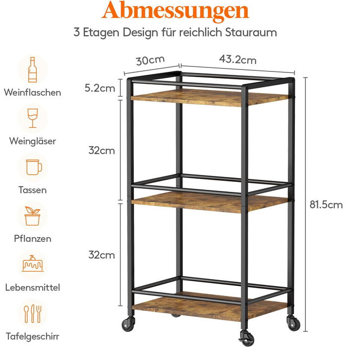 Кухонний візок Lifewit з 3 рівнями, сервірувальний візок на колесах, візок-бар для кухні, вітальні, їдальні, офісу (колір: коричневий, розмір: 43,2 x 30 x 81,5 см)