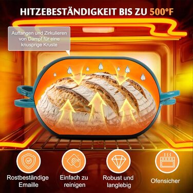 Форма для випікання хліба з кришкою Gusseisen, 23 см, емальована чавунна форма, 2.75 л, для випікання хліба, жаровня з кришкою, сумісна з духовкою (перехідний колір блакитно-зелений)