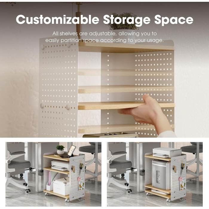 Стіл для принтера Fenge з колесами, мобільний тримач для принтера з перфорацією, 3 рівні, стійка для принтера/роликовий контейнер з органайзером, полиця, шафа для документів, для офісу та дому, 45,3x33,5x53,5 см (Дуб+Білий)