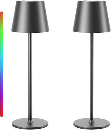 Бездротова LED лампа настільна з регулюванням яскравості, акумуляторна, тепле світло 3000K+RGB, водонепроникна, для дому та вулиці (алюміній, 2 шт.)