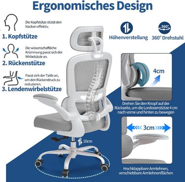 Ергономічне крісло TRALT для офісу з регульованою підтримкою попереку та підголівником. Ігрове крісло, офісне крісло для дому та офісу. Максимальне навантаження 150 кг, сірого кольору.