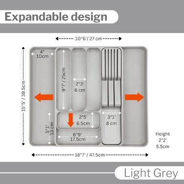 Організатор шухляд для столових приборів nuovva - Регульований лоток для посуду - Розширюваний тримач для столових приборів - Компактна перегородка для ножів, виделок і ложок (світло-сірий)