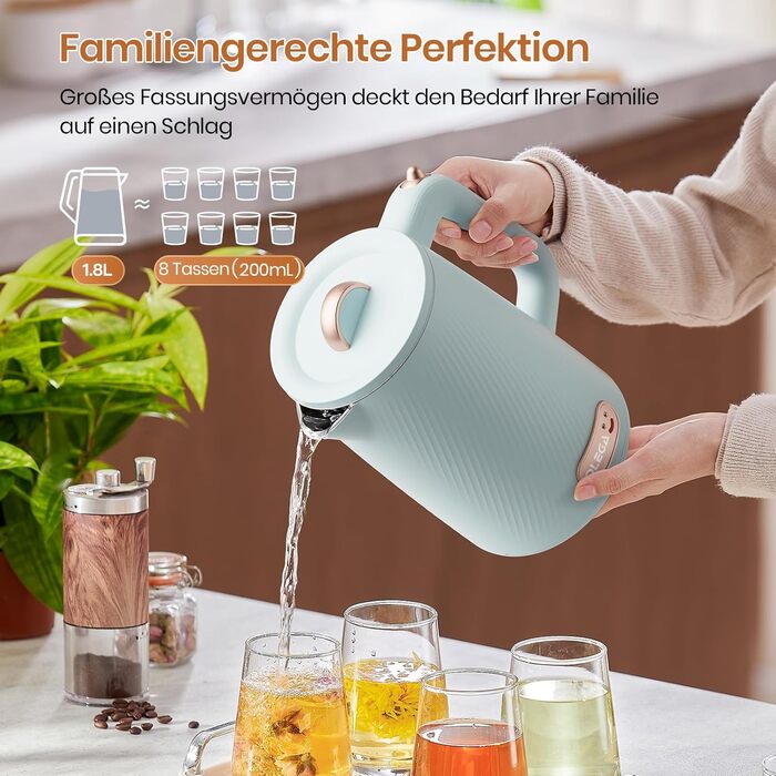 Електричний чайник OLEGA 1.8L, 1800W, нержавіюча сталь, автоматичне відключення, захист від сухого кипіння, блакитний