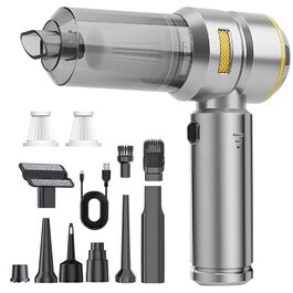 Акумуляторний ручний пилосос 4 в 1 для авто та дому, бездротовий міні-пилосос 22000Па з безщіточковим двигуном, 6000 mAh, електричний обдуватель для прибирання шерсті та пилу (Сріблясто-золотий)