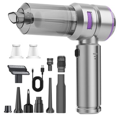 Акумуляторний ручний пилосос 4 в 1 для авто та дому, безщітковий двигун 22000Па, потужність 6000 мАг, портативний електричний пилосос-подув з набором щіток (Сріблясто-фіолетовий)