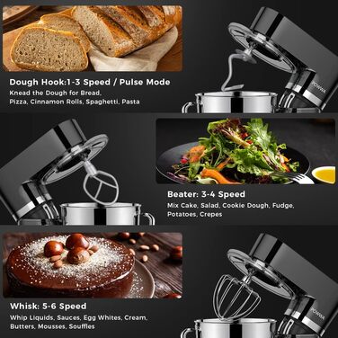 Кухонна машина POWWA 5.5L з 6 швидкостей, 1500W, для замішування тіста, з міксером, гаком для тіста та насадкою для збивання, чорного кольору