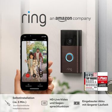Відеодзвінок Ring з акумулятором (2024) — бездротовий Wi-Fi відеодомофон з камерою, легкий монтаж за 5 хвилин, вбудований акумулятор, налаштування конфіденційності
