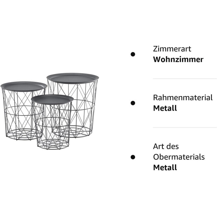 Набір з 3 металевих кошиків Журнальний столик зі знімними стільницями Диван Стіл Піднос Стіл для вітальні 3 Бічні столики (темно-сірий)