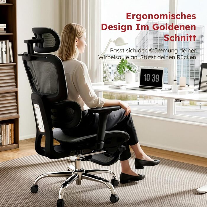 Ергономічне крісло для офісу Voll-Mesh з підголівником, підставкою для ніг, регульованою спинкою, підлокітниками, саморегульованою поперековою підтримкою, PU-колесами, поворот на 360°, 150 кг, темно-сірий