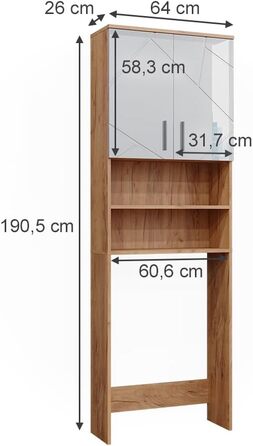 Шафа для пральної машини Vicco Irma, білий глянець/дуб, 64x190,5 см, ванна шафа над пральною машиною
