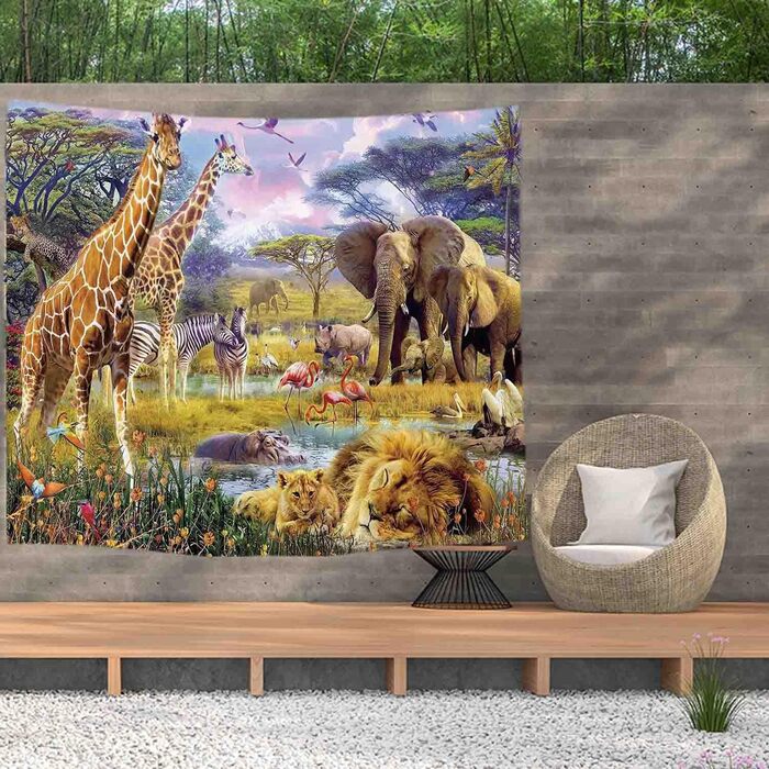 Сафарі Тварина-Природа Жираф Слон - Плакат з гобелену - 200x150 см - Садовий плакат - Гобелен великий - прикраса аксесуара для саду та вітальні