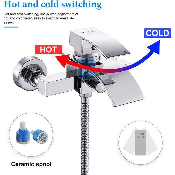 Набір для ванни з водоспадом: змішувач, душова лійка, шланг, кріплення для стіни (хром)