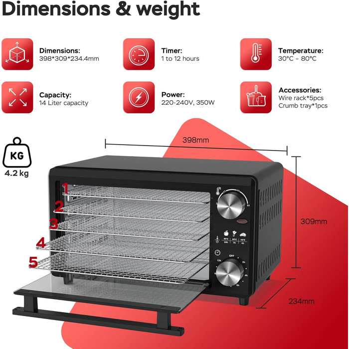 TurboWave BIO сушарка для продуктів, 14 л, металева, 5 ящиків, 30-80°C, таймер, рецепти