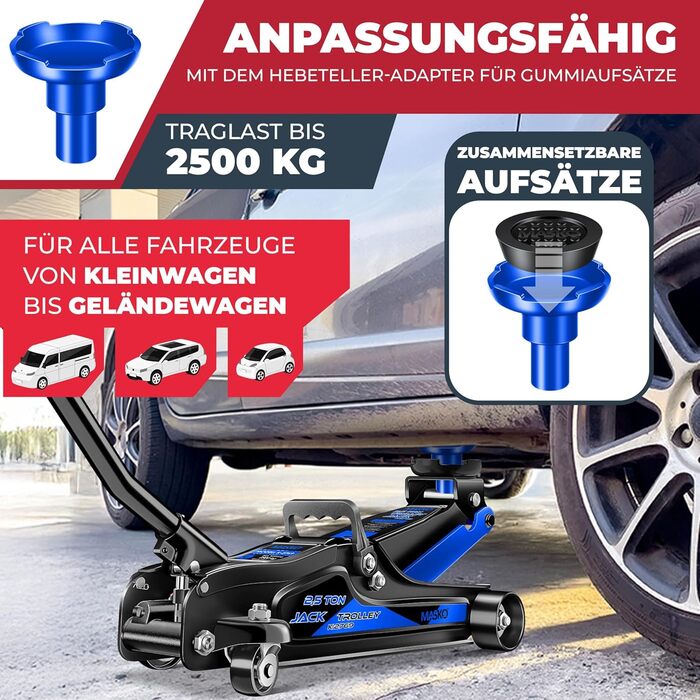 Гідравлічний домкрат MASKO 3T з низьким профілем (85-460 мм) для авто, SUV. З гумовими накладками, роликами 360°, рукавичками. Підставка для ремонту, синій.