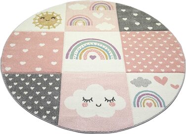 Килим-мрія круглий килим для дитячої кімнати килимок для ігор райдужні сердечка Хмари Розмір (140x200 см, рожевий кремово-сірий)