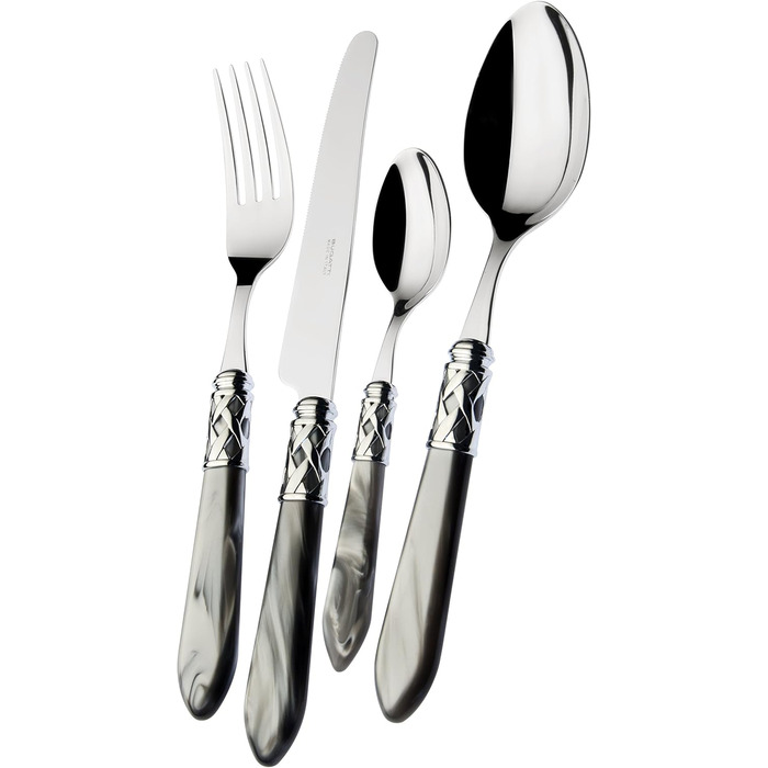 Набір столових приборів Bugatti Aladdin 24 штуки з нержавіючої сталі 18/10, хромуванням та ручками з ефектом перламутру. Комплект на 6 осіб: 6 ложок, 6 виделок, 6 ножів та 6 чайних ложок (сірий)