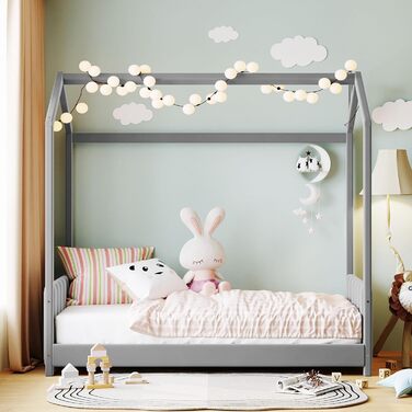 Ліжко Merax house 90x200см, дитяче ліжко 2-в-1 із захистом від падіння та рейковим каркасом, функціональне ліжко двоспальне для двох дітей, дерев'яне ліжко на дереві для дівчаток та хлопчиків, планшет, без матраца, сірий (90 x 200 см, сірий)