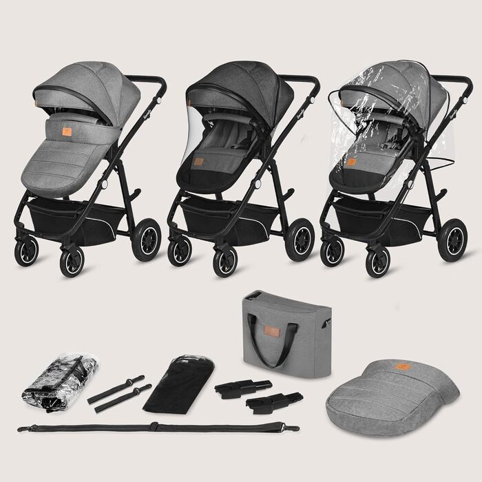 Дитяча коляска Lionelo Bianka 3 в 1 до 22 кг з автокріслом, компактна, регулювання спинки, колеса 360°, амортизація, великий капюшон (сіра)
