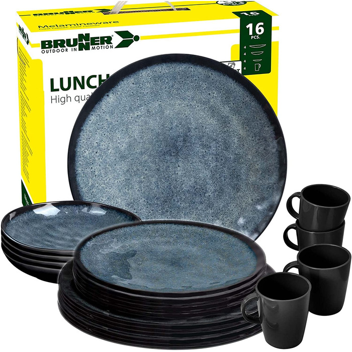 Набір посуду для кемпінгу Brunner Outdoor in Motion Melamin | 8 предметів - тарілки, миски та чашки для 1-2 осіб | Tête a Tête Venetian | Зносостійкий, антиковзний